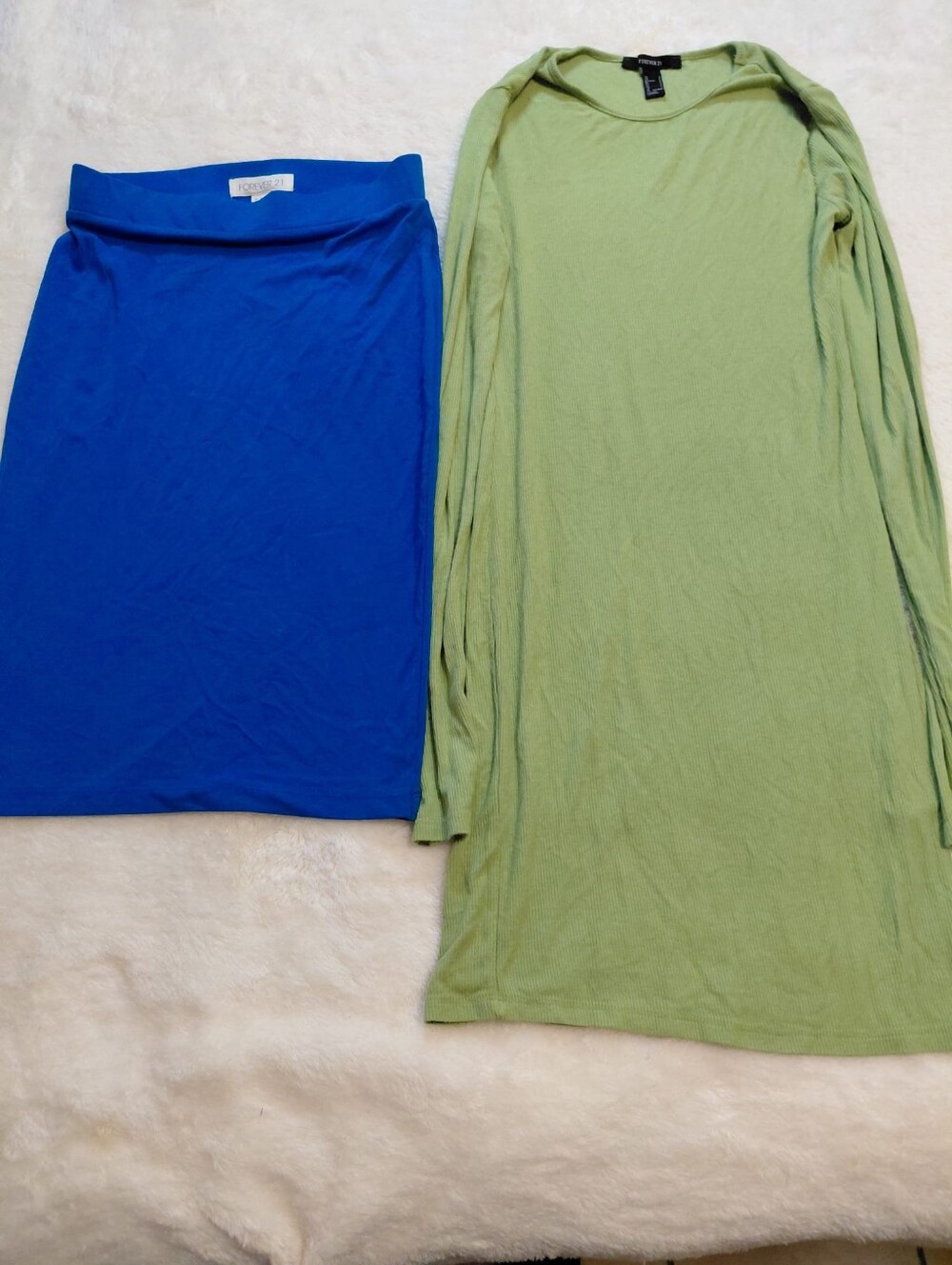 Forever 21 Women's Bundle Blue Pencil Skirt & Green Ribbed Long Sleeve Dress Siz